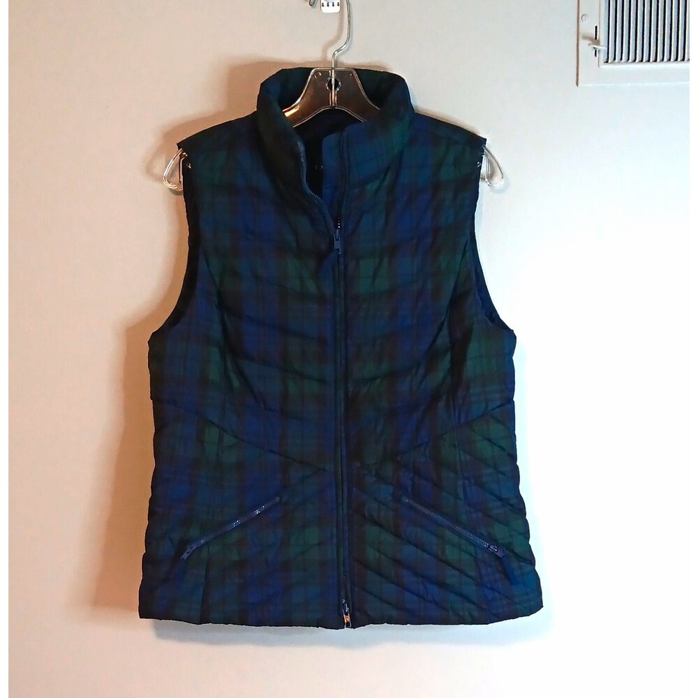 Talbots Down Insulated Plaid Vest Sz M Womens Blue Green Full Zip Pockets